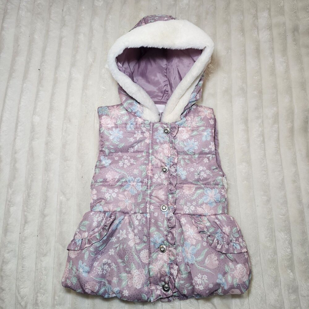 Little Lass Purple Pink Sparkle Hooded Puffer Vest Girls Fur Trim Zip Size 4